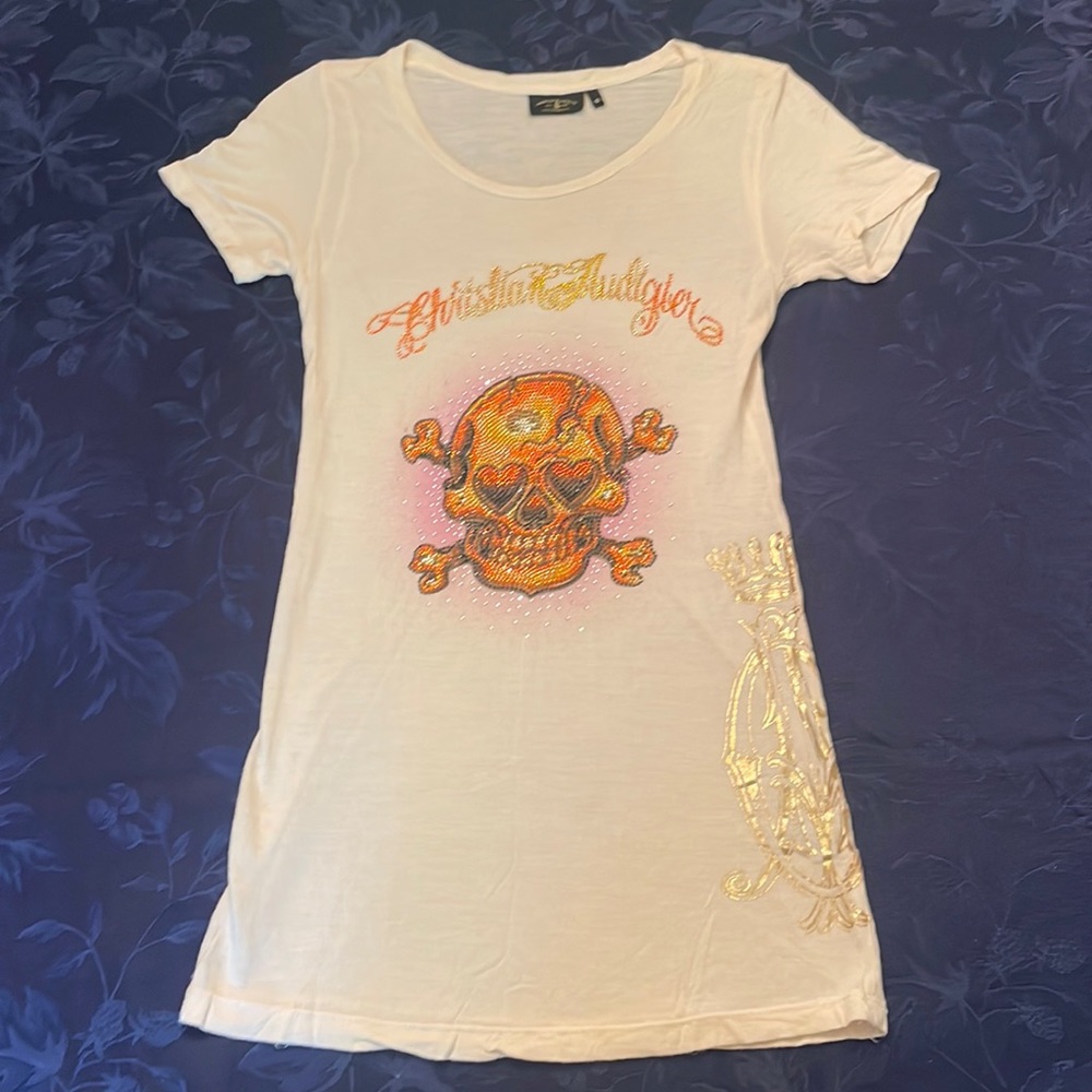 👑 🎃 💀 Halloween Christian Audigier Skull rhinestone T-shirt tunic dress 👗 👚